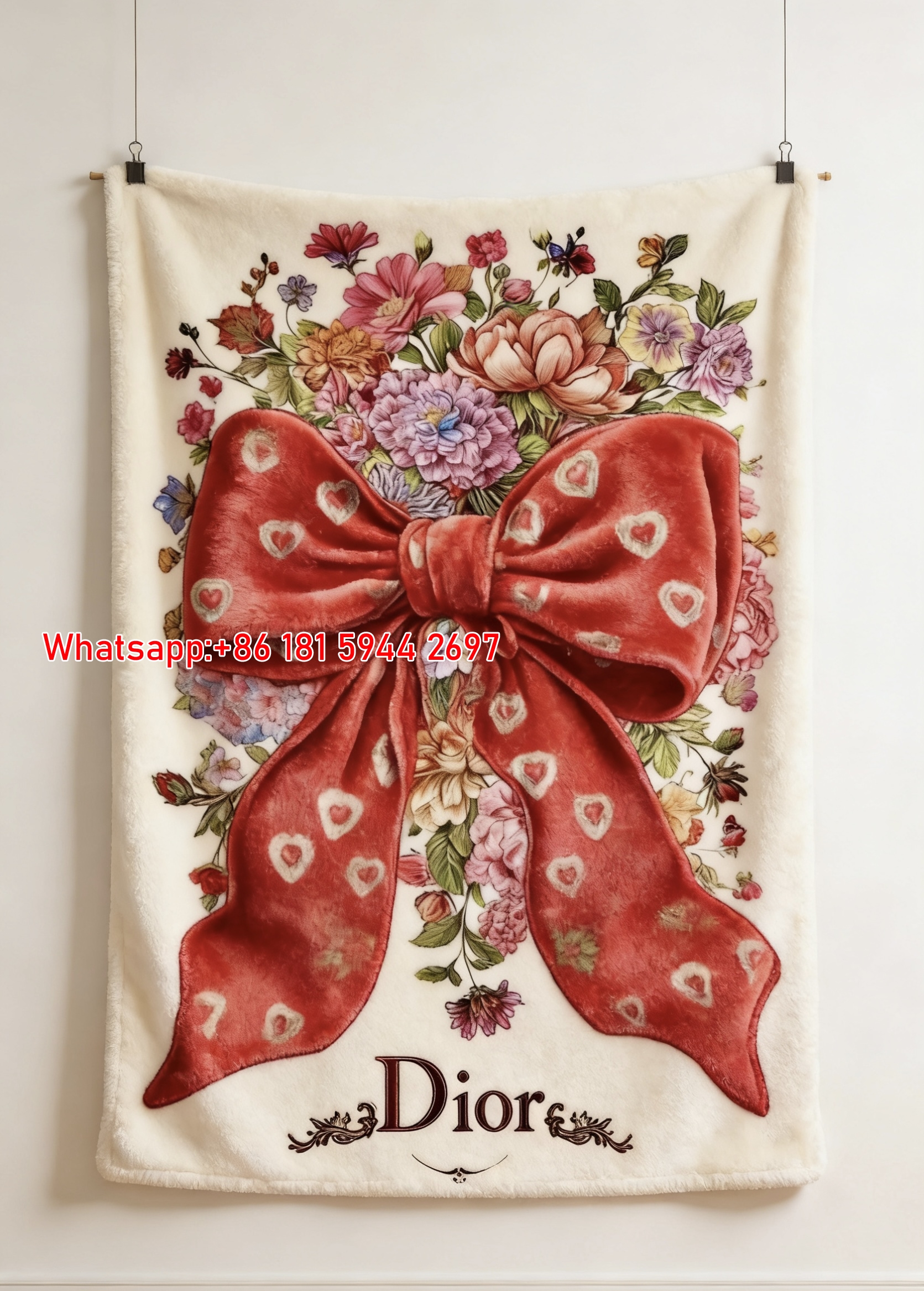 Dior Vintage Red Bow Floral Art Flannel Throw Blanket Sofa Cover Blanket D408